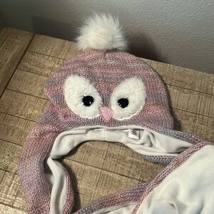 Owl beanie with long attached scarf with inside hand pockets